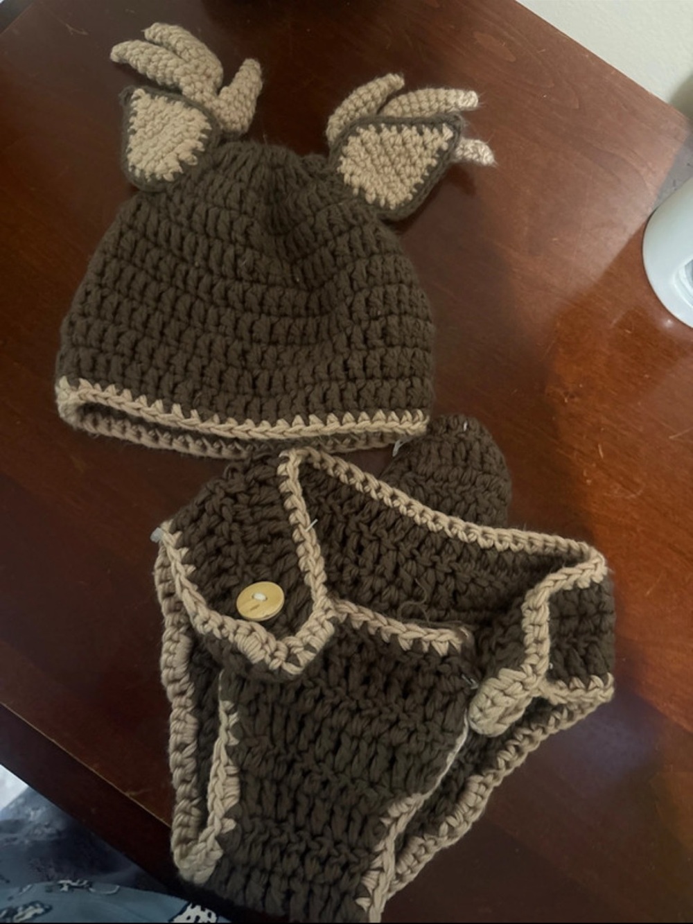Brown Crochet Deer Ear Kids Hat and Diaper Cover Set